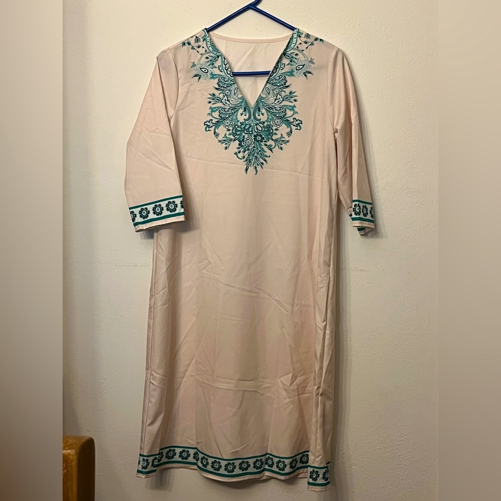 Cream Embroidered Boho Tunic Dress 🌿